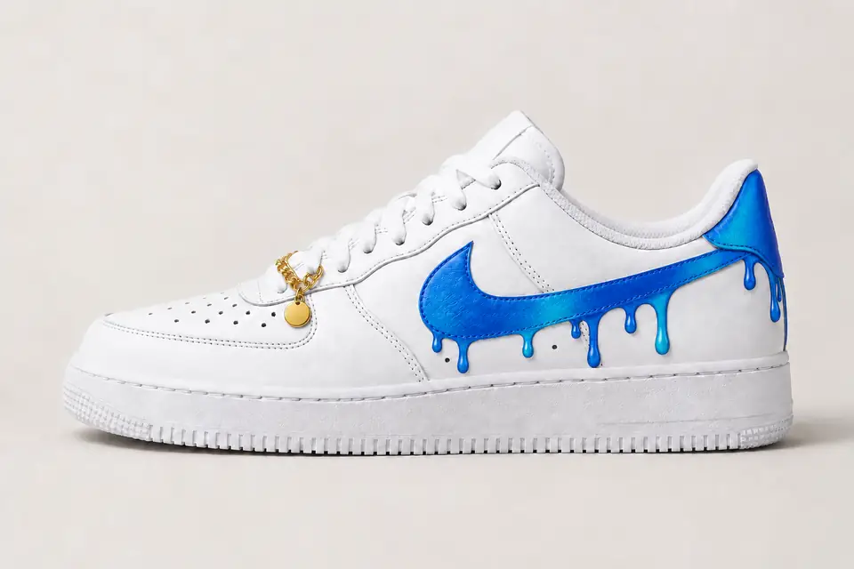 Air Force 1 Chaîne Or Drip coloris bleu et turquoise, vue de profil