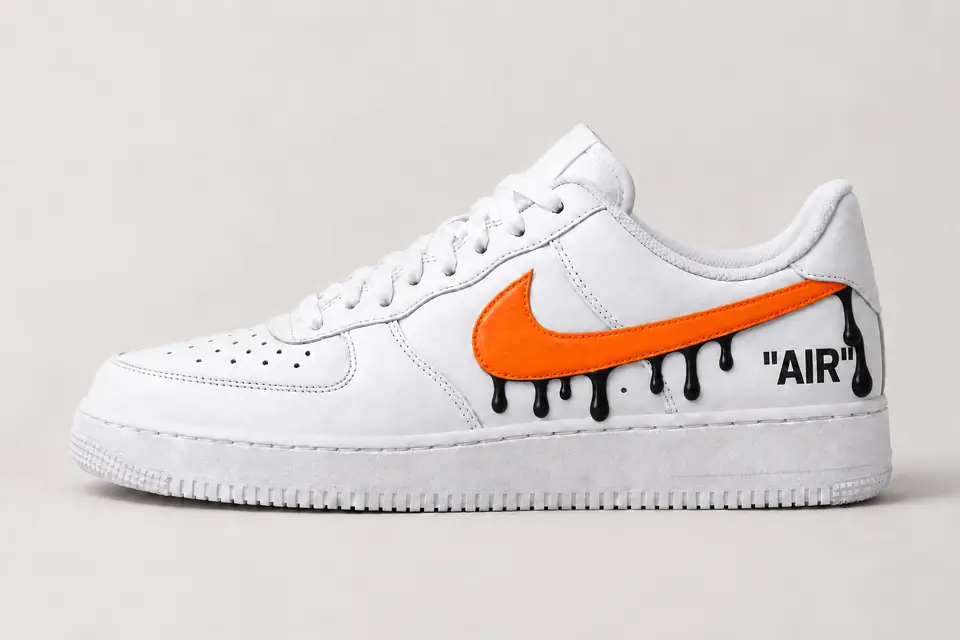 Air Force Off-White Jaune Drip coloris noir et orange, vue de profil
