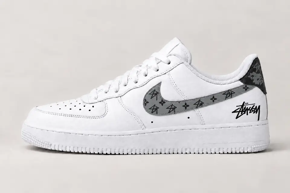 Air Force Stüssy Noir Monogramme coloris gris et noir, vue de profil