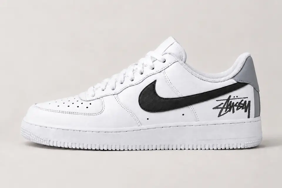 Air Force Stüssy Noir Talon Peint coloris gris et noir, vue de profil