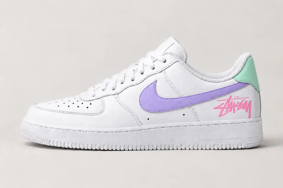 Air Force Stüssy Noir Talon Peint coloris pastel et rose, vue de profil