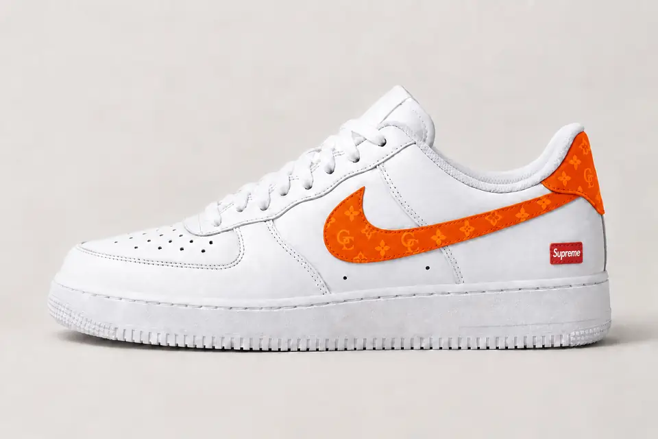 Air Force Supreme Noir Monogramme 2 coloris orange, vue de profil