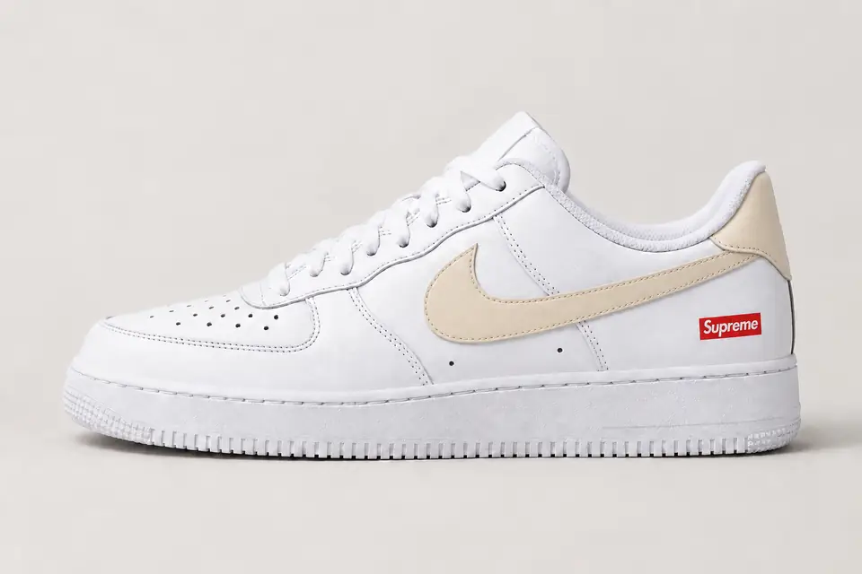 Air Force Supreme Noir Talon Peint coloris beige et blanc, vue de profil