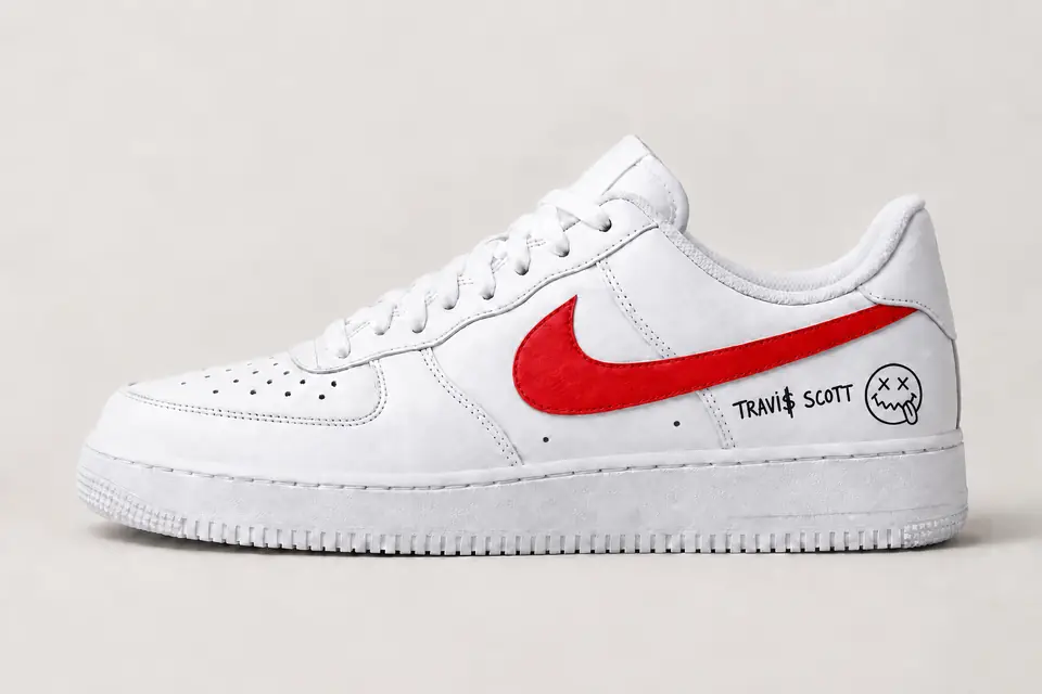 Air Force Travis Scott Swoosh Peint coloris rouge, vue de profil